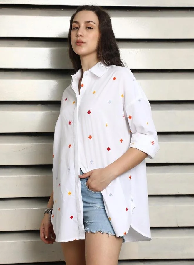 HIGH STAR Women's White 100% Cotton Embroidered Button Down Oversized Shirt